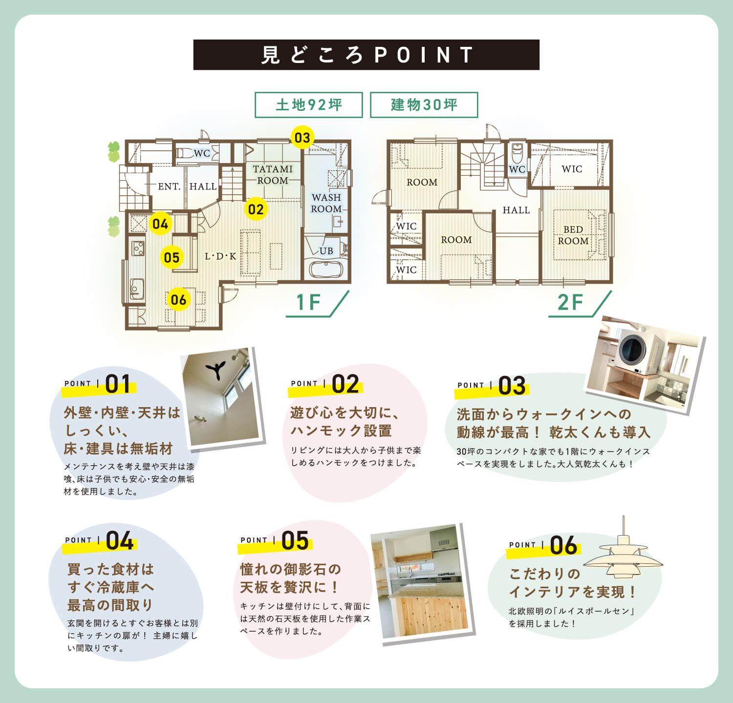 見どころポイント　【1】外壁・内壁・天井はしっくい、床・建具は無垢材　メンテナンスを考え壁や天井は漆喰、床は子供でも安心・安全の無垢材を使用しました。　【2】遊び心を大切に、ハンモック設置　リビングには大人から子供まで楽しめるハンモックをつけました。　【3】洗面からウォークインへの導線が最高！幹太くんも導入　30坪のコンパクトな家でも1階にウォークインスペースを実現しました。大人気幹太くんも！　【4】買った食材はすぐ冷蔵庫へ。最高の間取り　玄関を開けるとすぐお客様とは別にキッチンの扉が！主婦に嬉しい間取りです。　【5】憧れの御影石の天板を贅沢に！　キッチンは壁付けにして、背面には天然の石天板を使用した作業スペースを作りました。　【6】こだわりのインテリアを実現！　北欧証明の「ルイスポールセン」を採用しました！