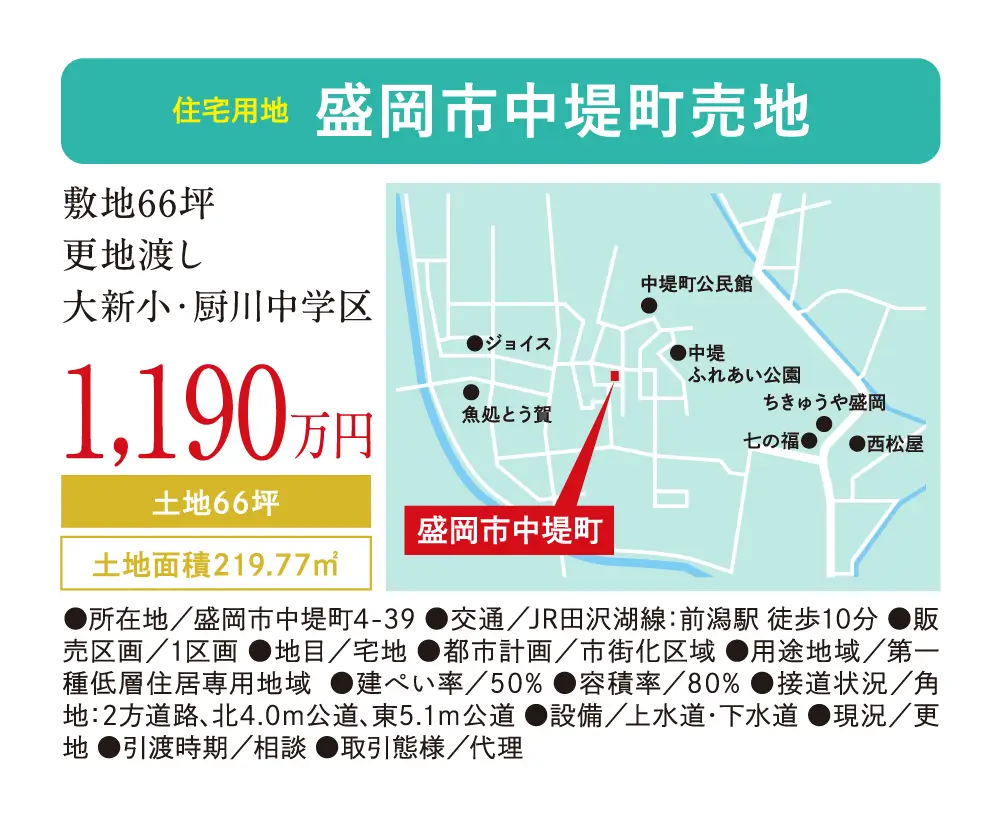 【住宅用地】盛岡市中堤町売地　1,190万円