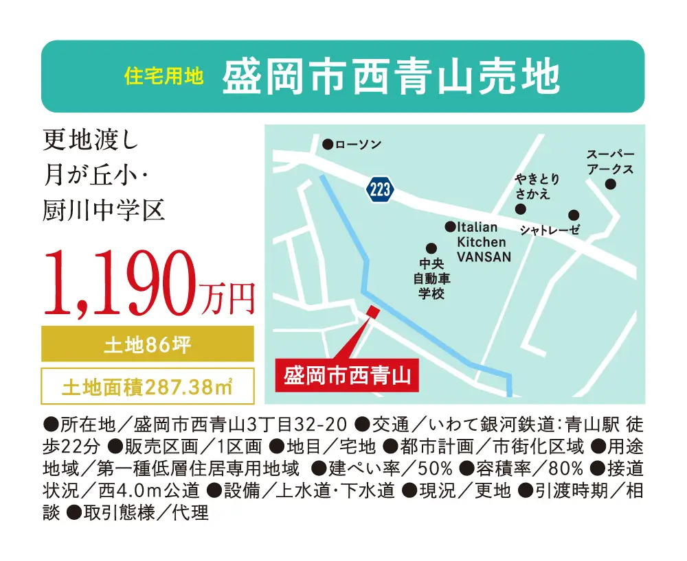 【住宅用地】盛岡市西青山売地　1,190万円