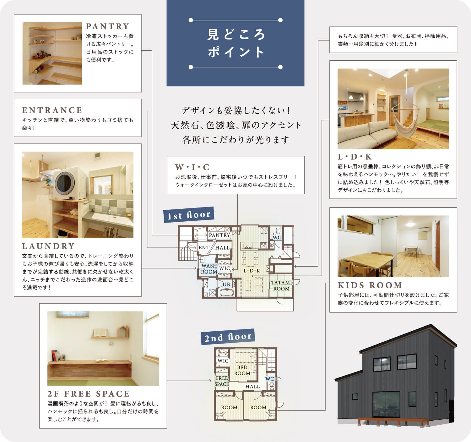 見どころポイント【パントリー】冷凍ストッカーも置ける広々パントリー。日用品のストックにも便利です。【エントランス】キッチンと直結で、買い物終わりもゴミ捨ても楽々！【ランドリー】玄関から直結しているので、トレーニング終わりもお子様の遊び帰りも安心。洗濯をしてから収納までが完結する動線、共働きに欠かせない乾太くん、ニッチまでこだわった造作の洗面台…見どころ満載です！【ウォークインクローゼット】お洗濯後、仕事前、帰宅後いつでもストレスフリー！ウォークインクローゼットはお家の中心に設けました。【L・D・K】筋トレ用の懸垂棒、コレクションの飾り棚、非日常を味わえるハンモック。やりたい！を我慢せずに詰め込みました！色しっくいや天然石、照明等デザインにもこだわりました。【2F　フリースペース】漫画喫茶のような空間が！畳に寝転がるのも良し、ハンモックに揺られるのも良し。自分だけの時間を楽しむことができます。【キッズルーム】子供部屋には、稼働仕切りを設けました。ご家族の変化に合わせてフレキシブルに使えます。