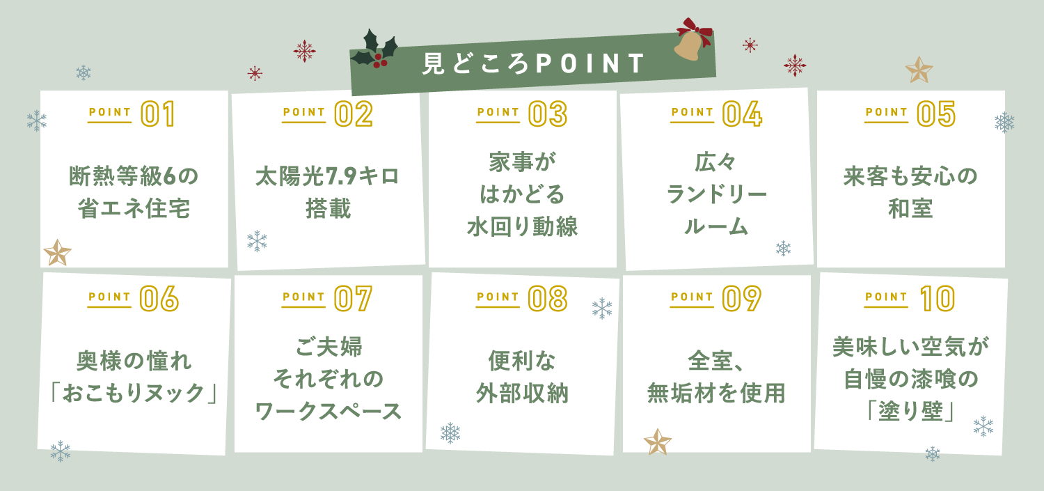 【見どころポイント】（ポイント1）断熱等級6の省エネ住宅　（ポイント2）太陽光7.9キロ搭載　（ポイント3）家事がはかどる水回り導線　（ポイント4）広々ランドリールーム　（ポイント5）来客も安心の和室　（ポイント6）奥様の憧れ「おこもりヌック」　（ポイント7）ご夫婦それぞれのワークスペース　（ポイント8）便利な外部収納　（ポイント9）全室、無垢材を使用　（ポイント10）美味しい空気が自慢の漆喰の「塗り壁」